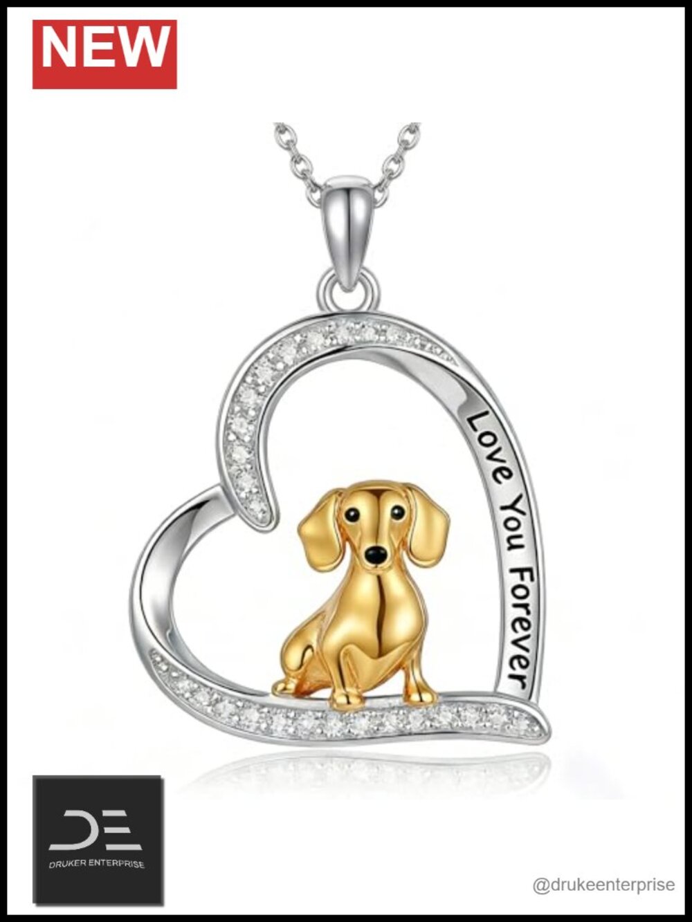 S925 Sterling Silver Dachshund Heart Pendant Necklace Dog Lover Jewelry